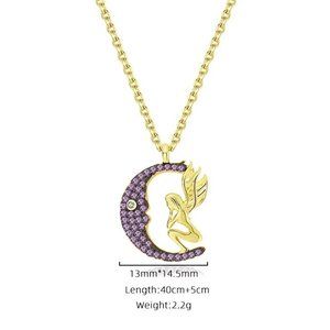 925 Sterling Silver Plated with 18k Yellow Gold Angel On Moon CZ Pendant